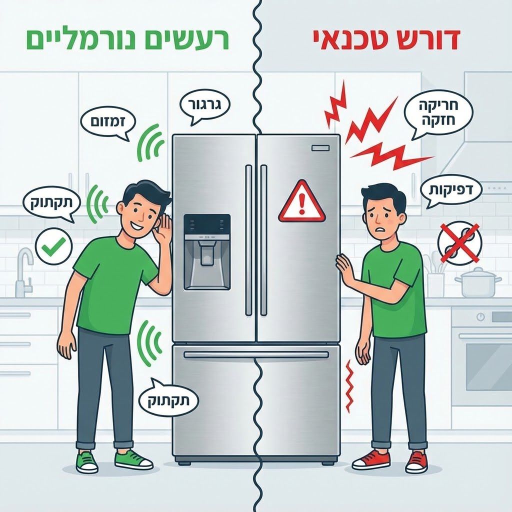 המקרר מרעיש? 5 רעשים נורמליים ואחד שדורש טכנאי (המדריך המלא לשקט נפשי במטבח)
