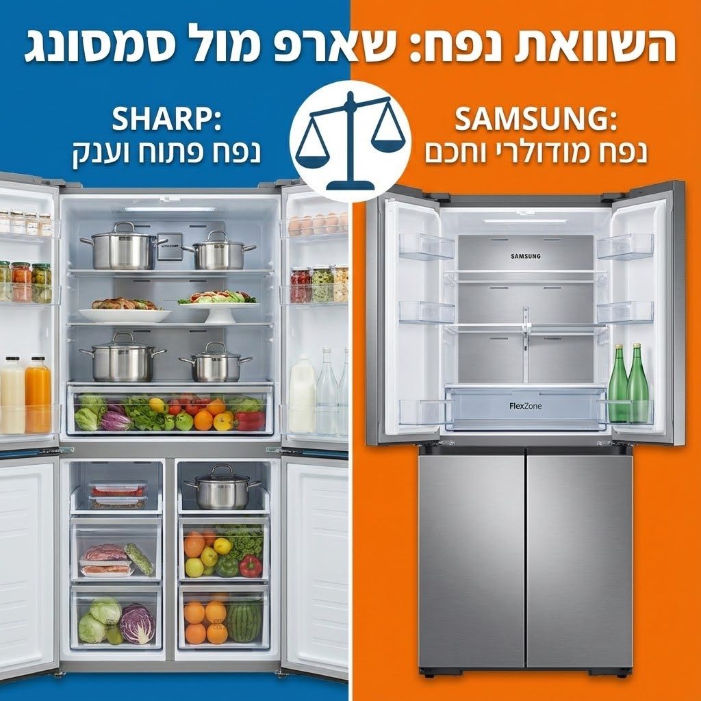 שארפ 4 דלתות מול סמסונג 4 דלתות: השוואת נפח מדפים ומגירות