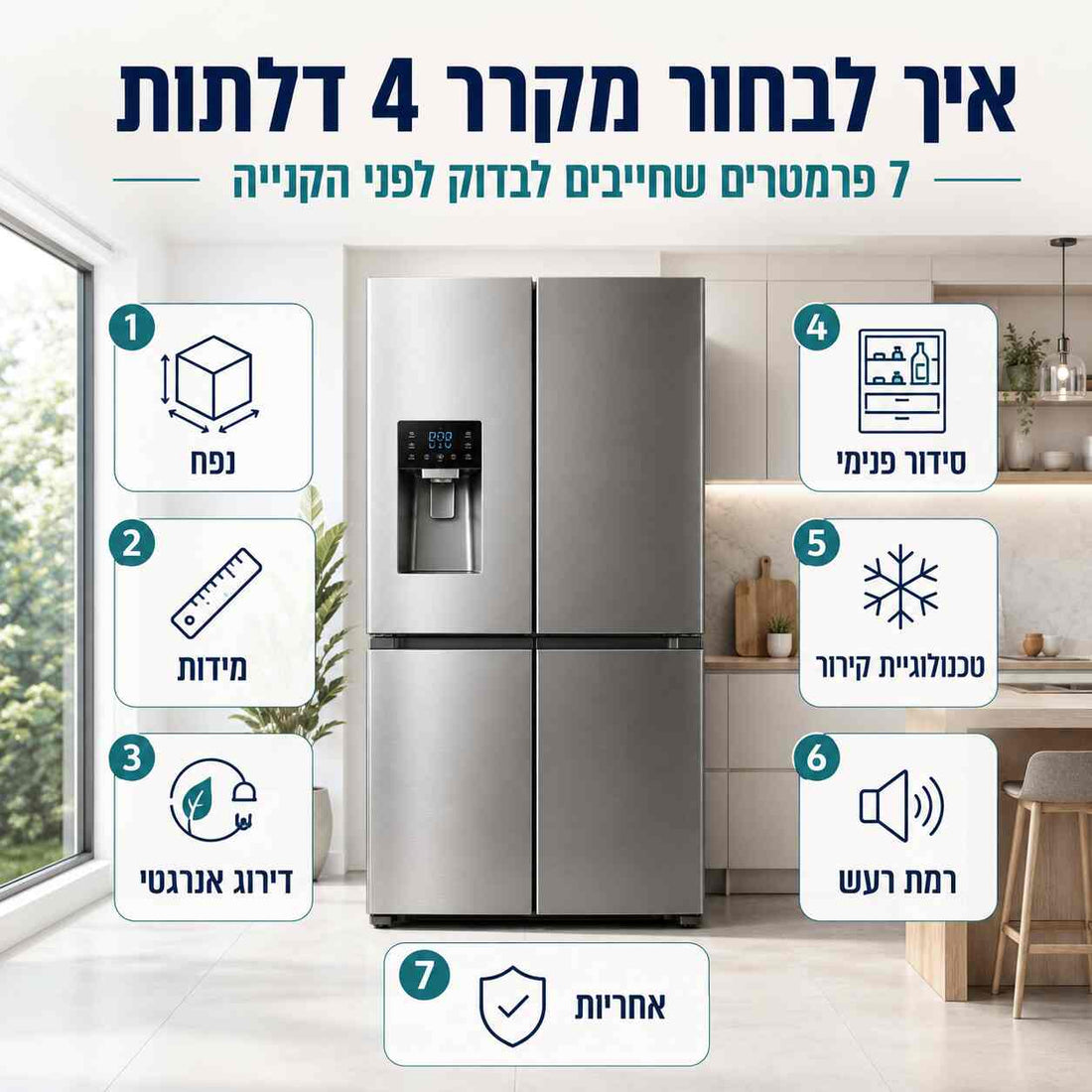 איך לבחור מקרר 4 דלתות: 7 פרמטרים שחייבים לבדוק לפני הקנייה
