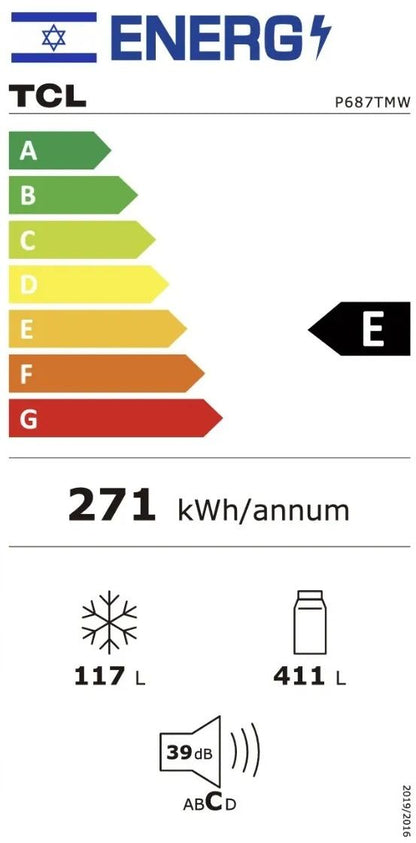 מקרר 2 דלתות TCL P687TM N עם מקפיא עליון בצבע נירוסטה